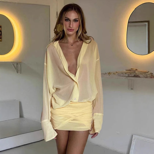 Spring New Elegant Sexy Lapel Slim-fit Sheath Lace-up Shirt Dress