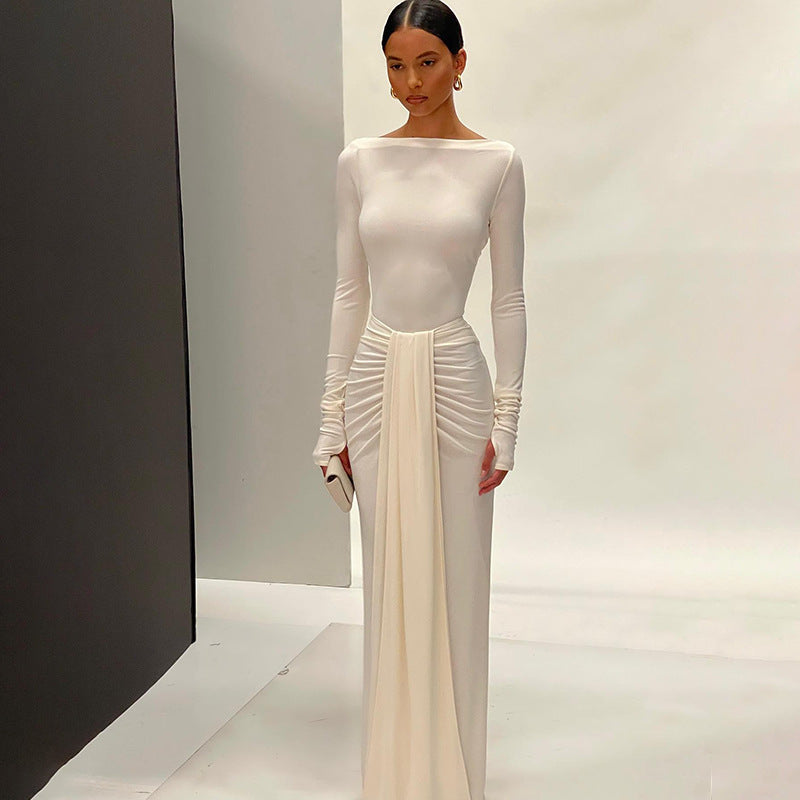 Robe taille haute à manches longues et couleur unie pour l'automne