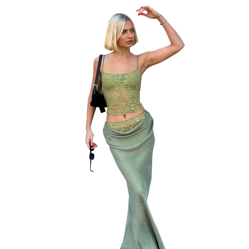 Lace Backless Tube Top Sling Stitching Ruffle Hip Skirt Suit