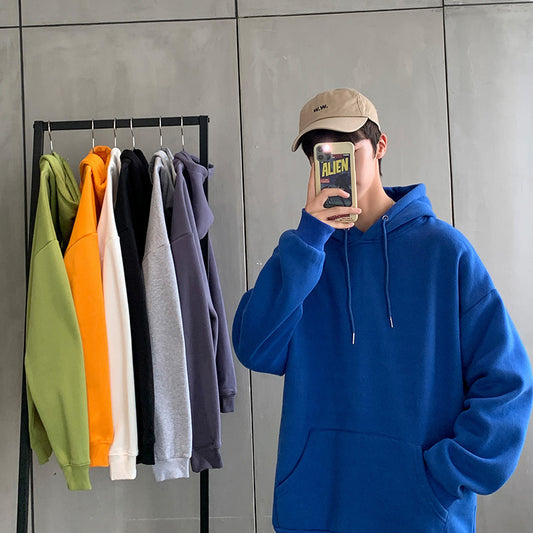 Solid Color Pullover Hooded Sweater Men Plus Fleece Long-Sleeved Sports Blank Plus Fleece Hoodie