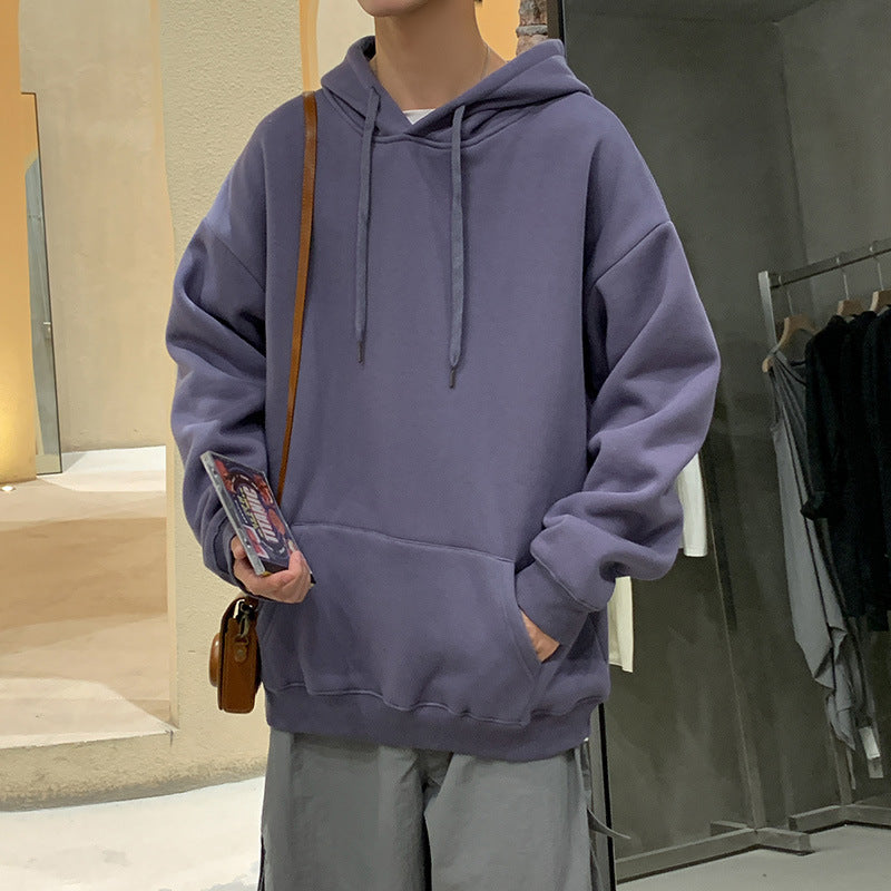 Solid Color Pullover Hooded Sweater Men Plus Fleece Long-Sleeved Sports Blank Plus Fleece Hoodie
