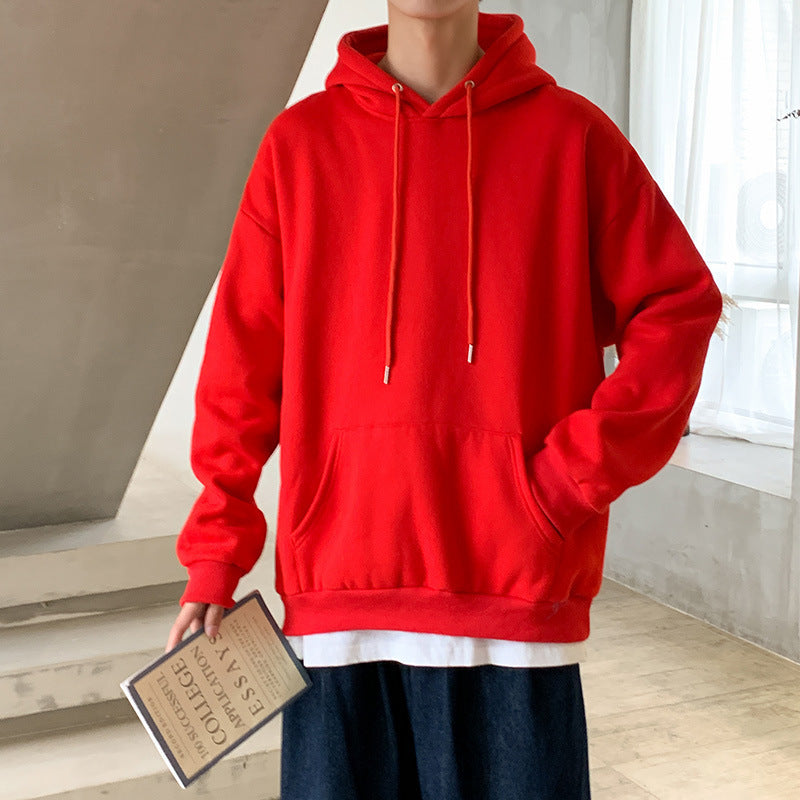Solid Color Pullover Hooded Sweater Men Plus Fleece Long-Sleeved Sports Blank Plus Fleece Hoodie