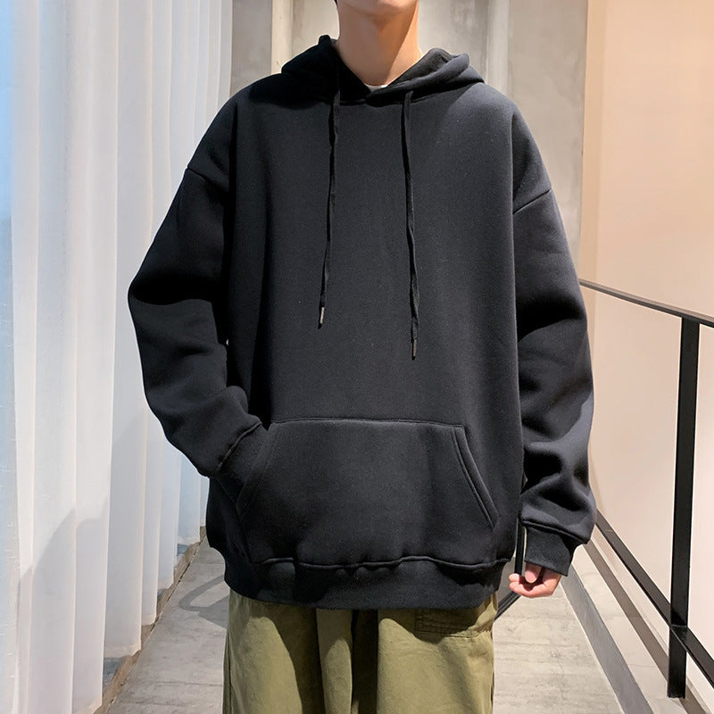 Solid Color Pullover Hooded Sweater Men Plus Fleece Long-Sleeved Sports Blank Plus Fleece Hoodie