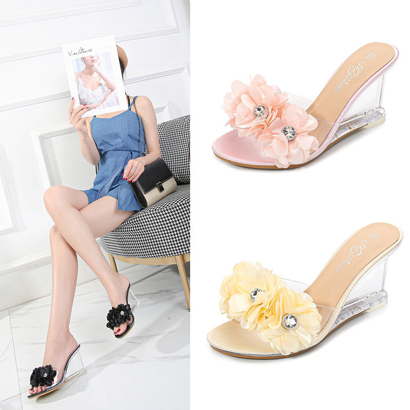 Versatile Summer Flower Simple Slope Heel Sandal Transparent Heel