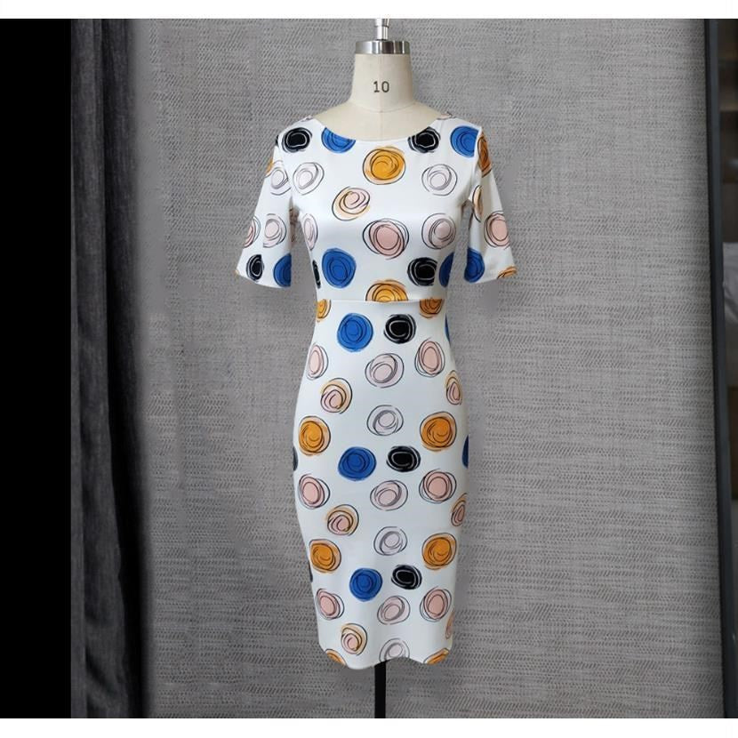 Robe femme à col rond, slim, extensible, manches courtes