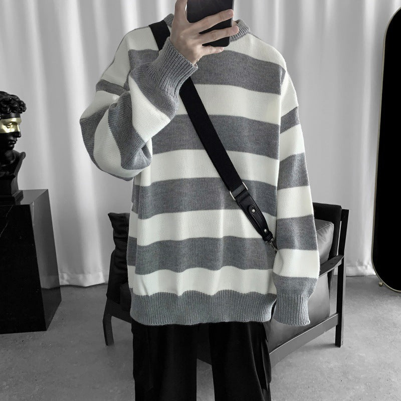 Striped Round Neck Sweater Men's Korean Style Trendy Personality Loose Knit Sweater