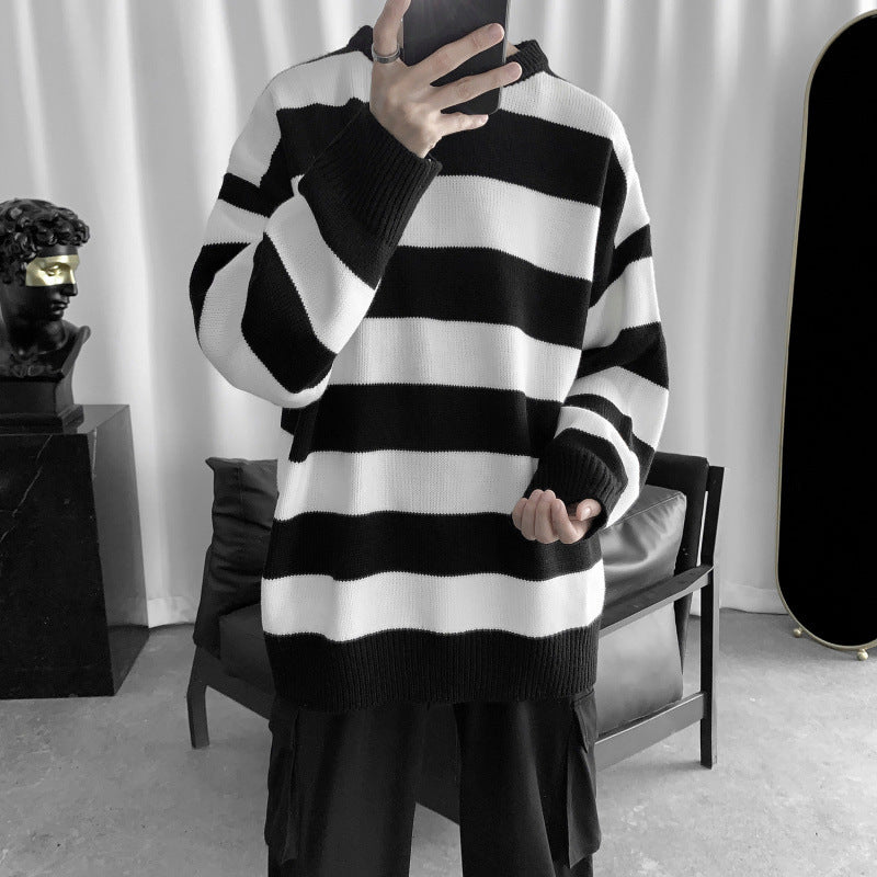 Striped Round Neck Sweater Men's Korean Style Trendy Personality Loose Knit Sweater