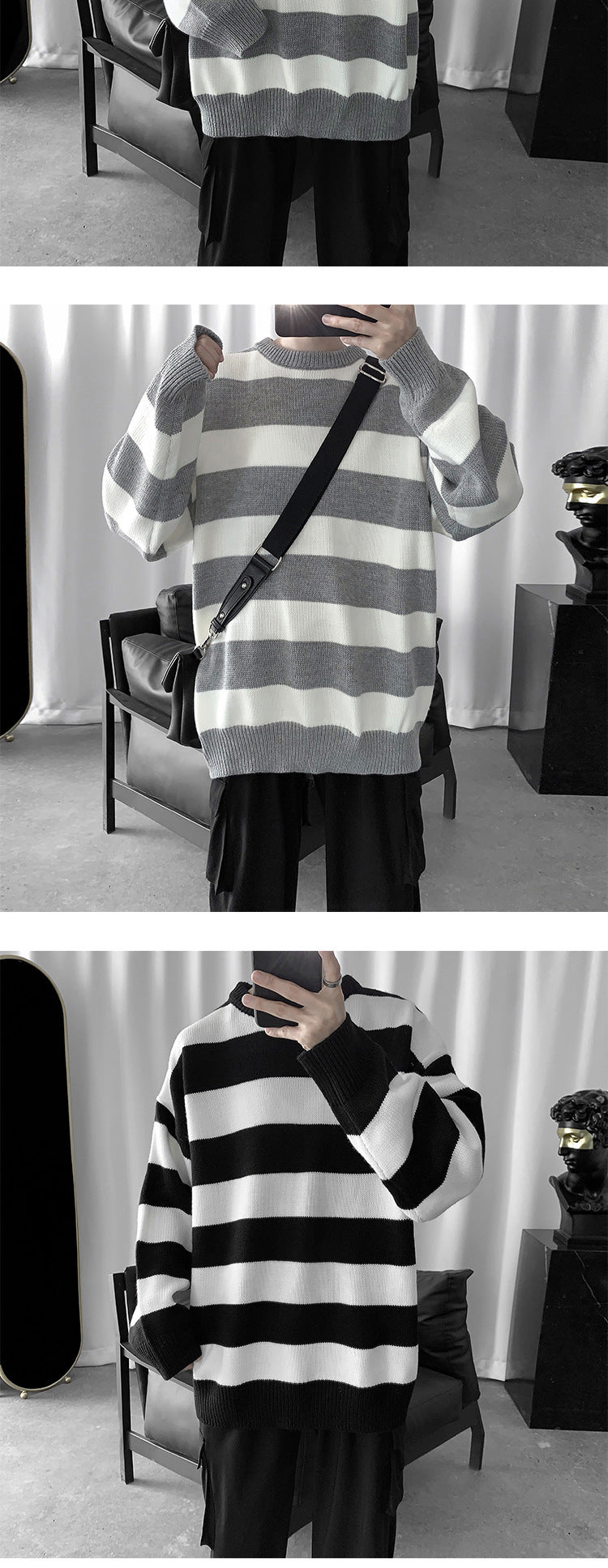 Striped Round Neck Sweater Men's Korean Style Trendy Personality Loose Knit Sweater