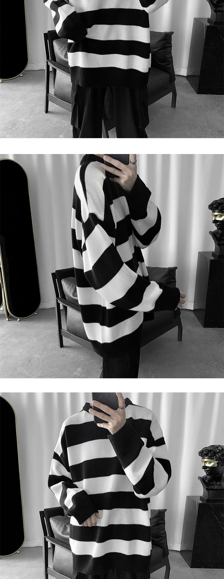 Striped Round Neck Sweater Men's Korean Style Trendy Personality Loose Knit Sweater