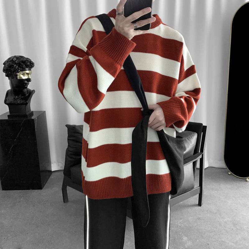 Striped Round Neck Sweater Men's Korean Style Trendy Personality Loose Knit Sweater