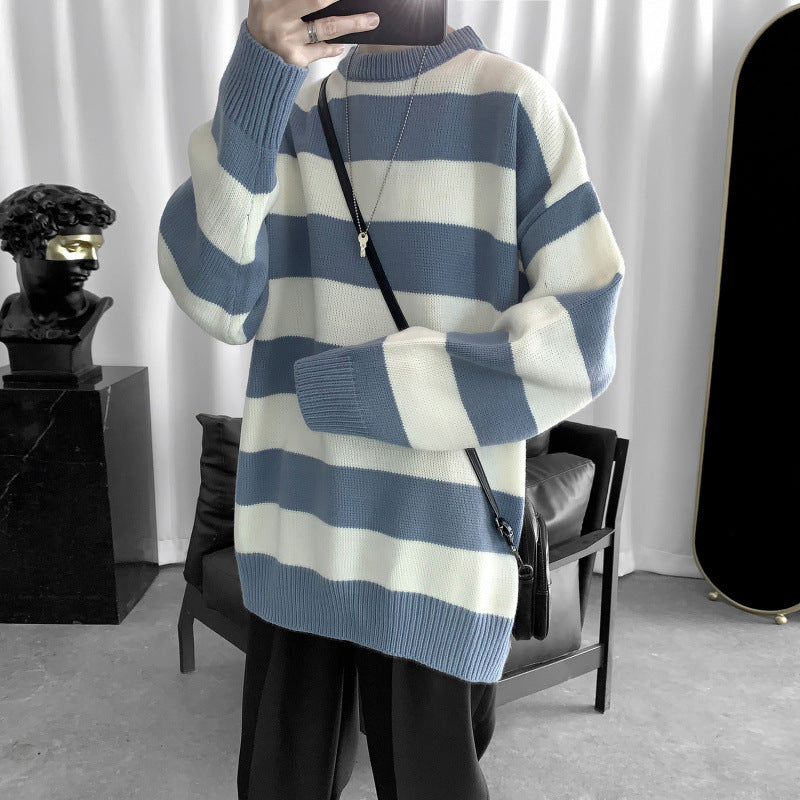 Striped Round Neck Sweater Men's Korean Style Trendy Personality Loose Knit Sweater