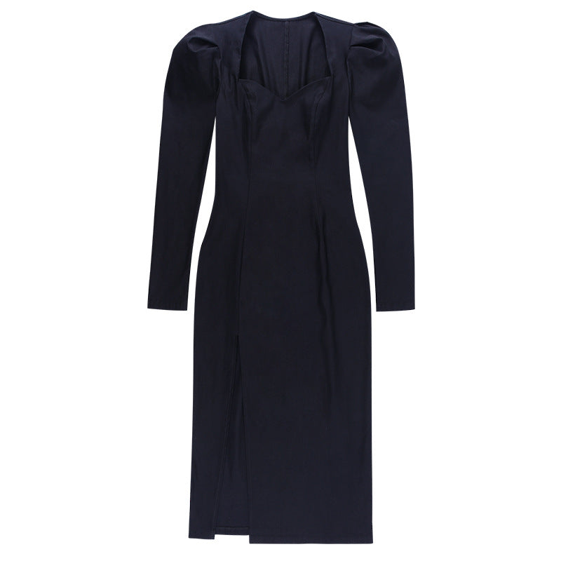 Solid Color Waist Pullover Puff Sleeve Plaid Split Long-Sleeved Dress