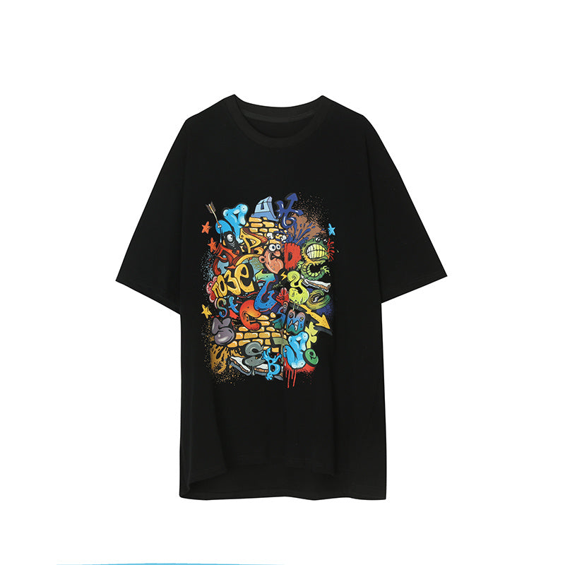 Summer Relaxed Lovers' T-shirt with Cartoon Graffiti