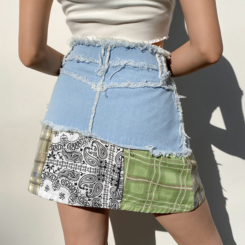 Jupe trapèze décontractée taille haute en jean à imprimé écossais rétro