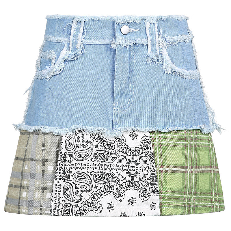 Jupe trapèze décontractée taille haute en jean à imprimé écossais rétro