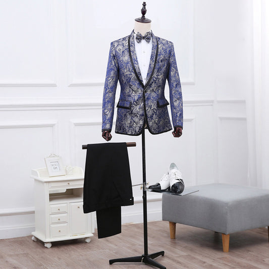Blue Brocade Suit One Button - Two Piece Suit