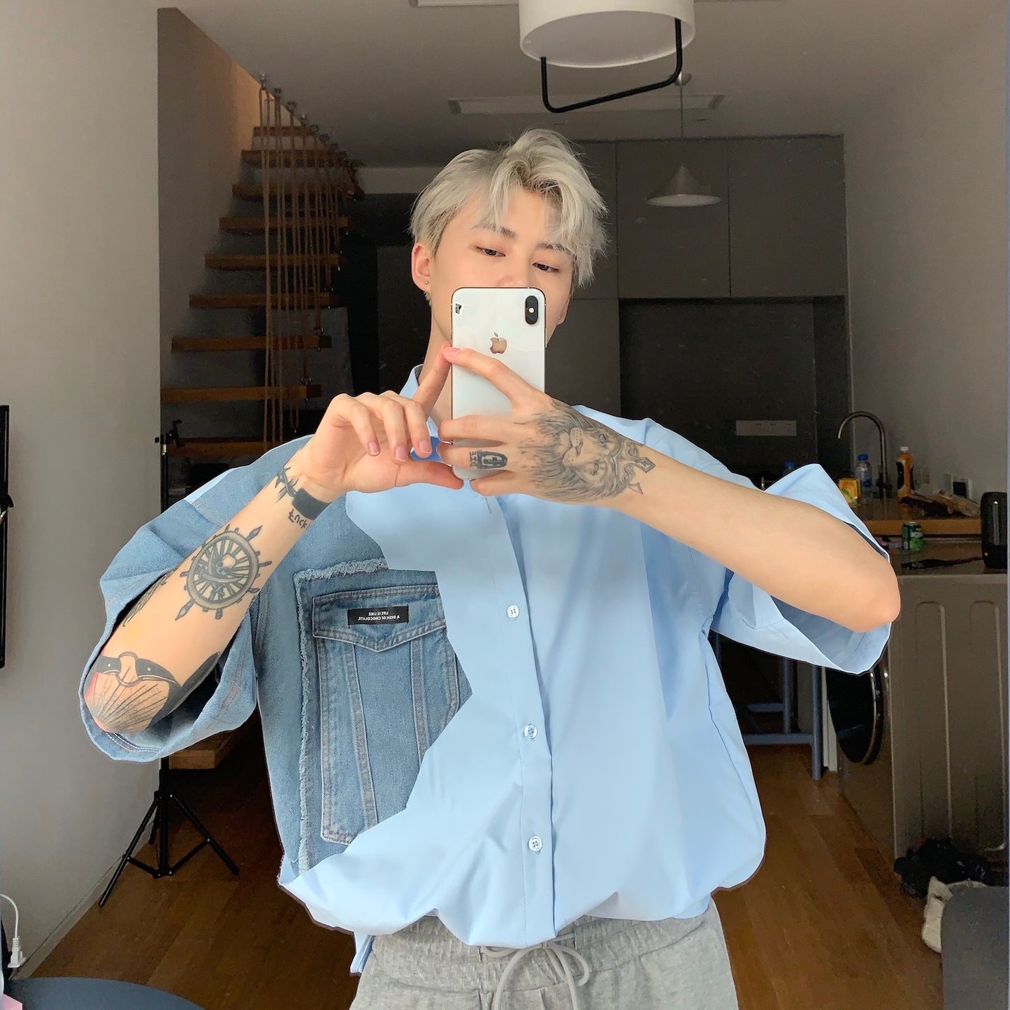 White Denim Shirt With Square Neck And Short Sleeves