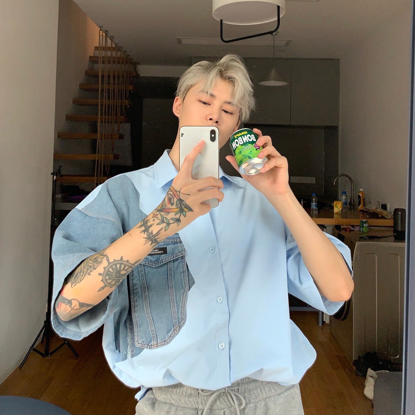 White Denim Shirt With Square Neck And Short Sleeves