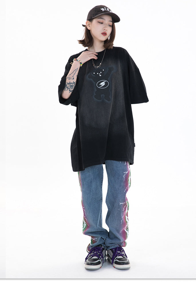 Street Fashion Brand Spring And Summer Men's Retro Printing Backing Short-Sleeved Bear American All-Match T-Shirt