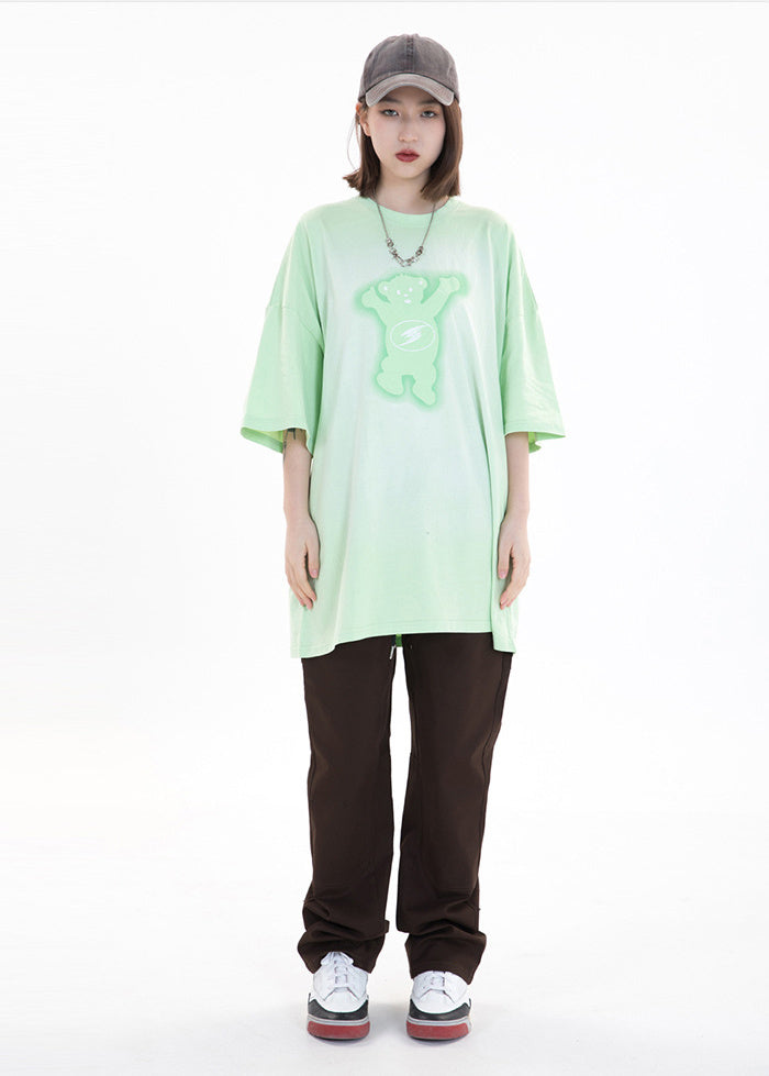 Street Fashion Brand Spring And Summer Men's Retro Printing Backing Short-Sleeved Bear American All-Match T-Shirt