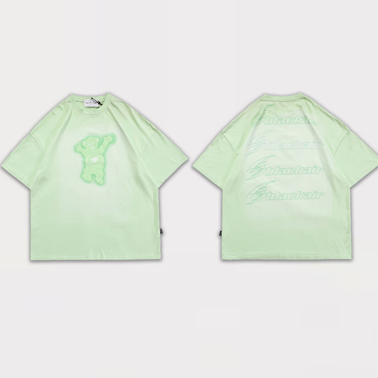 Street Fashion Brand Spring And Summer Men's Retro Printing Backing Short-Sleeved Bear American All-Match T-Shirt