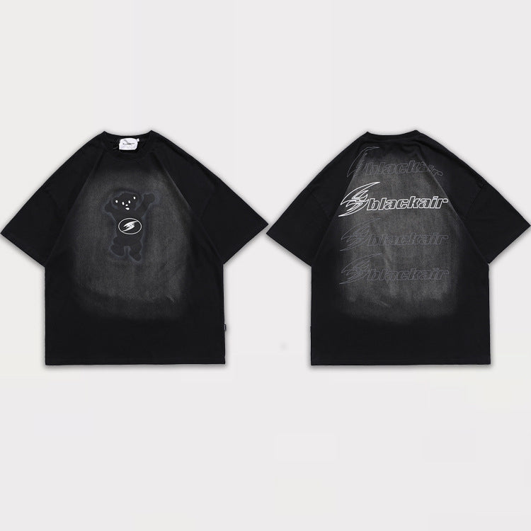 Street Fashion Brand Spring And Summer Men's Retro Printing Backing Short-Sleeved Bear American All-Match T-Shirt