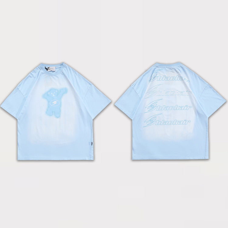 Street Fashion Brand Spring And Summer Men's Retro Printing Backing Short-Sleeved Bear American All-Match T-Shirt