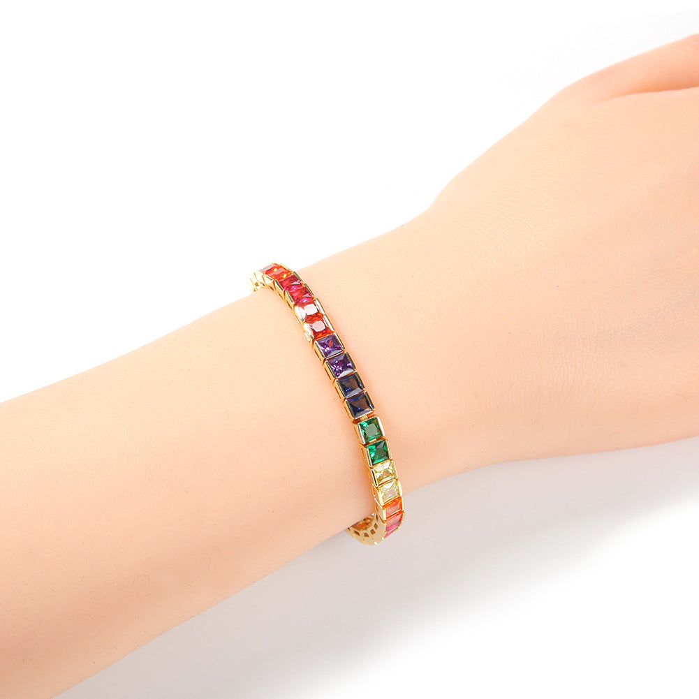 Simple Hip-hop Bracelet Star Same Style Copper Inlaid Colorful Square Zircon Trendy Bracelet Tennis Chain