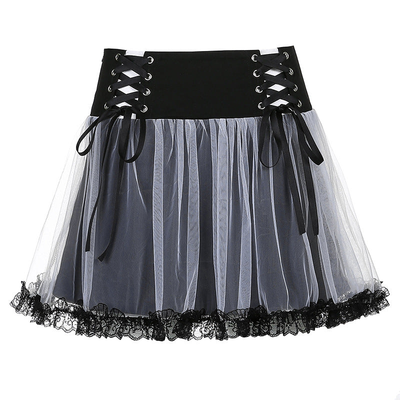 New Lace-Up Black And White Contrast Color Mesh Stitching High Waist Skirt