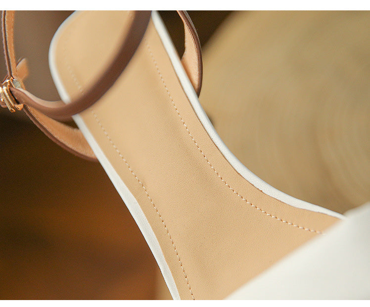 Color Matching Block Heel High Heels Women's Leather Open Toe Sandals With One Word Buckle