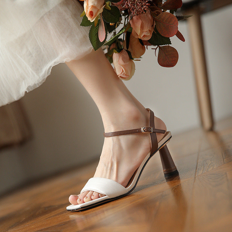 Color Matching Block Heel High Heels Women's Leather Open Toe Sandals With One Word Buckle