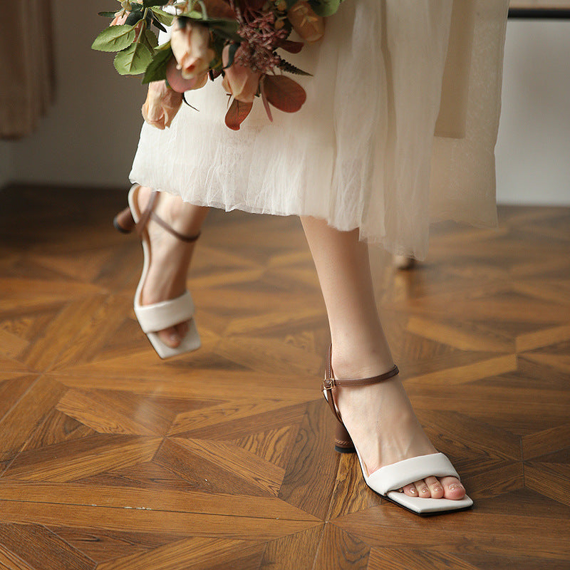 Color Matching Block Heel High Heels Women's Leather Open Toe Sandals With One Word Buckle