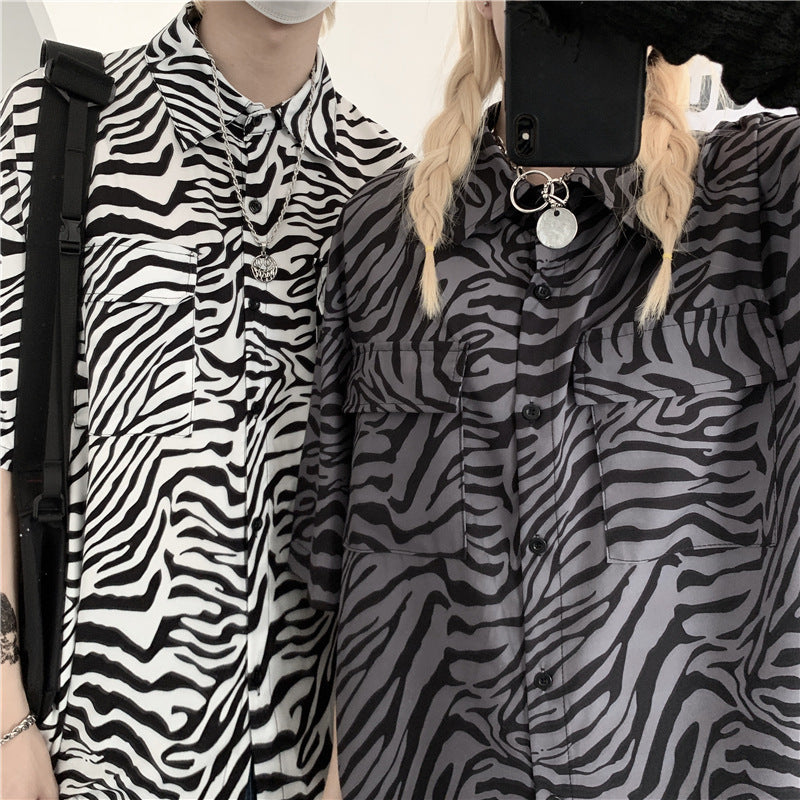 Contrast Color Zebra Print Loose Couple Short-sleeved Shirt Shirt Top Trend