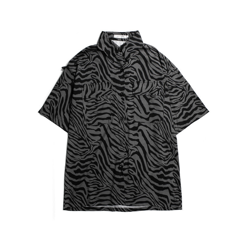 Contrast Color Zebra Print Loose Couple Short-sleeved Shirt Shirt Top Trend