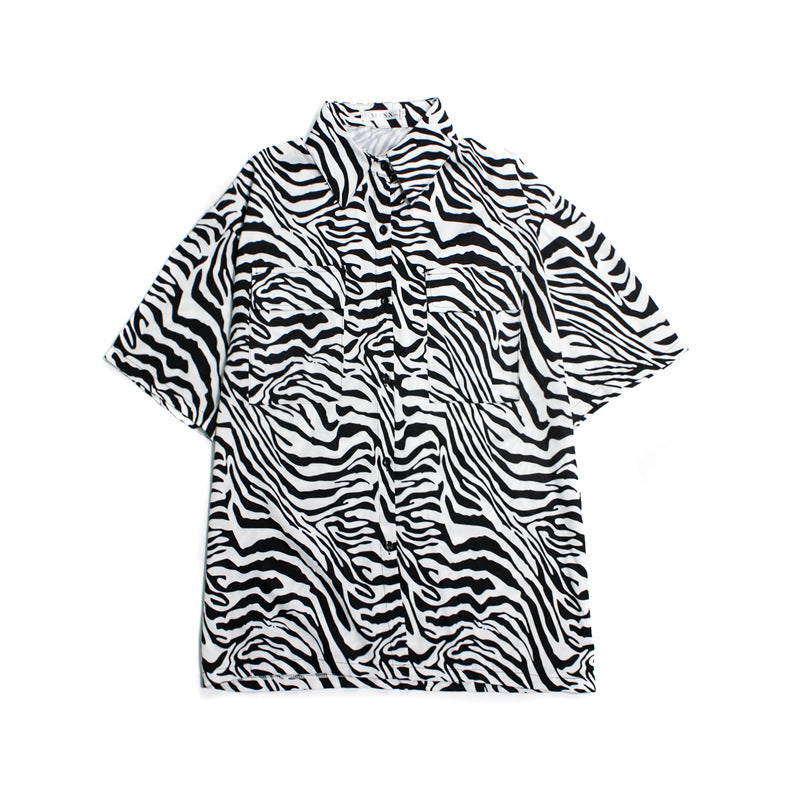Contrast Color Zebra Print Loose Couple Short-sleeved Shirt Shirt Top Trend