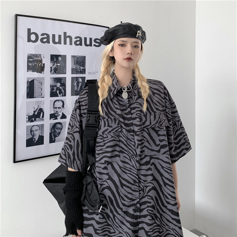 Contrast Color Zebra Print Loose Couple Short-sleeved Shirt Shirt Top Trend