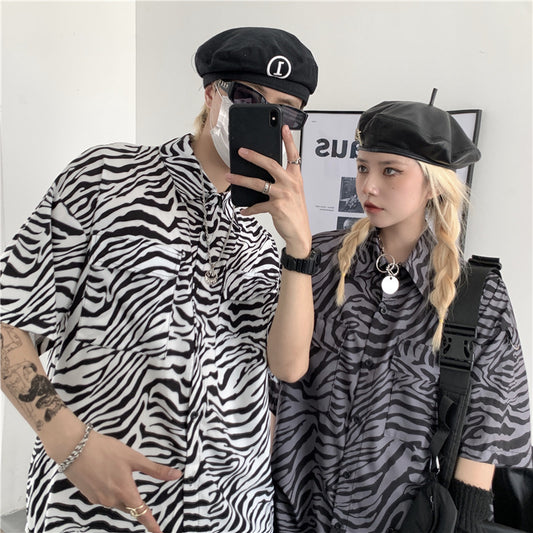 Contrast Color Zebra Print Loose Couple Short-sleeved Shirt Shirt Top Trend