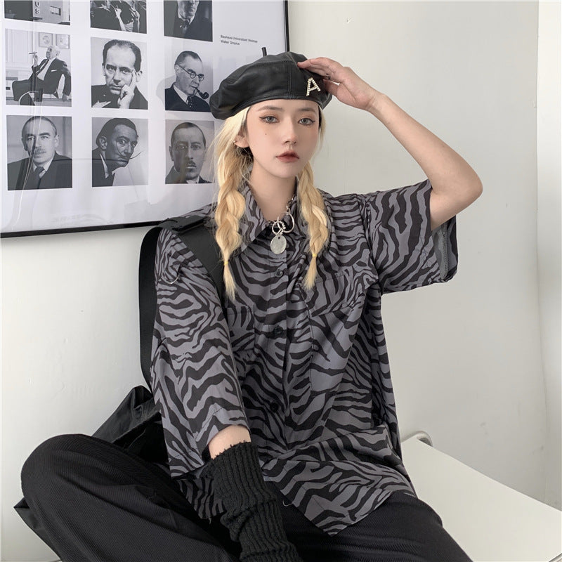 Contrast Color Zebra Print Loose Couple Short-sleeved Shirt Shirt Top Trend