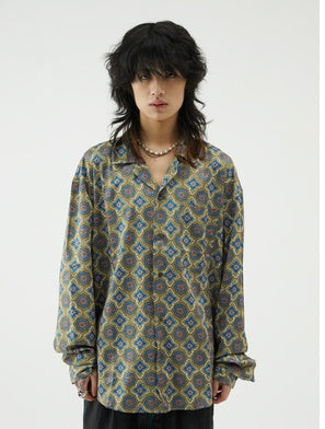 Epic Poetry Japanese Dark Green Mexico Full-Width Print Thin Loose Cuban Collar Long-Sleeved Shirt