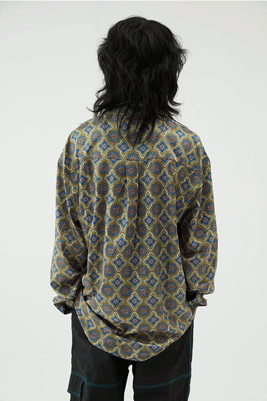 Epic Poetry Japanese Dark Green Mexico Full-Width Print Thin Loose Cuban Collar Long-Sleeved Shirt