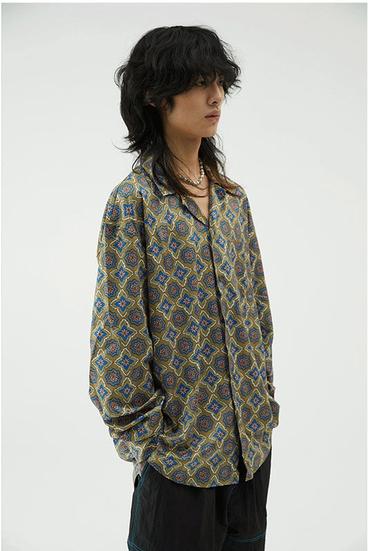 Epic Poetry Japanese Dark Green Mexico Full-Width Print Thin Loose Cuban Collar Long-Sleeved Shirt
