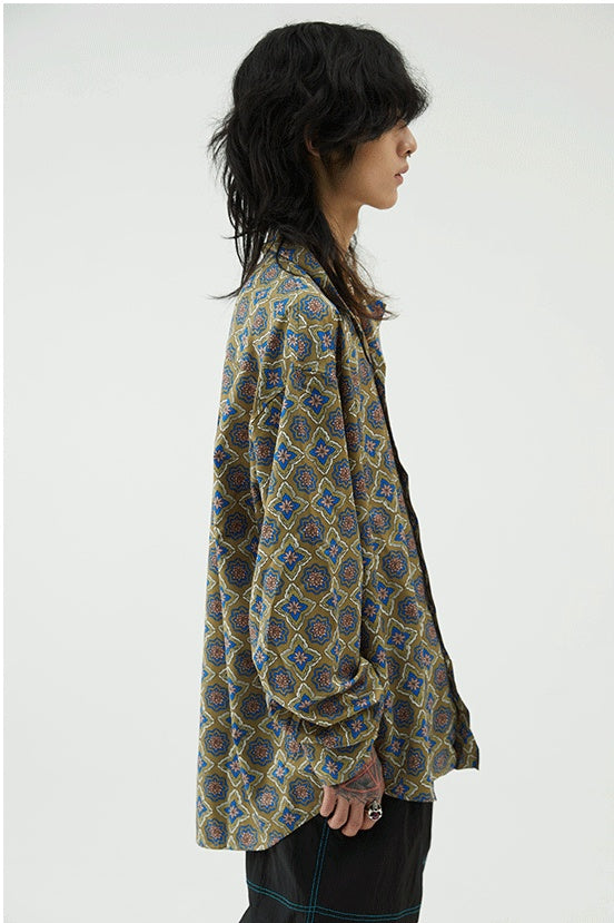 Epic Poetry Japanese Dark Green Mexico Full-Width Print Thin Loose Cuban Collar Long-Sleeved Shirt