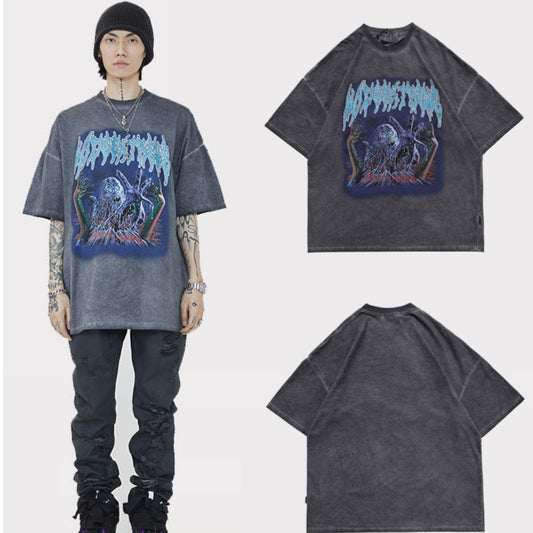 Spring Summer New Products National Tide Men'S Washed Rock Print Loose Short Sleeve T Shirt