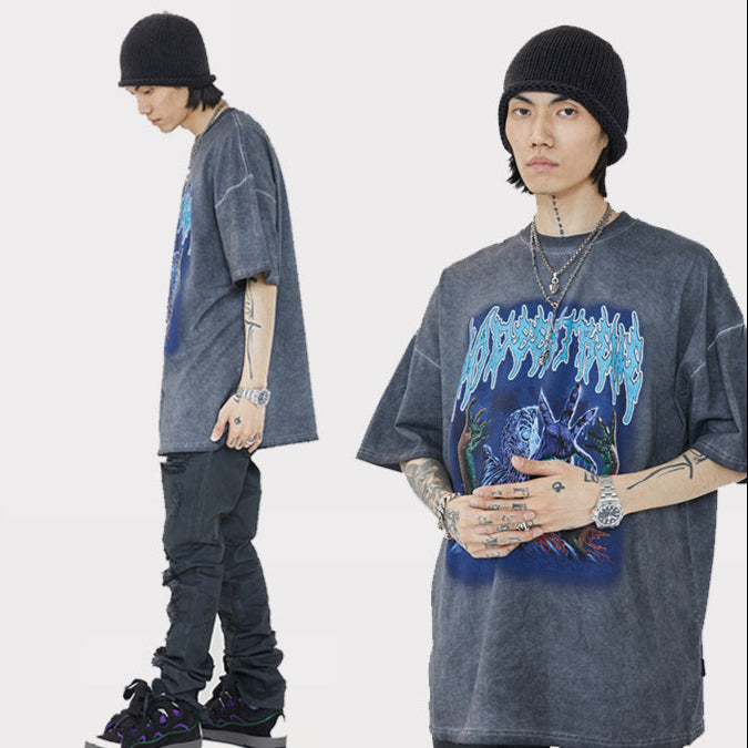 T-shirt ample à manches courtes et imprimé rock délavé pour homme, nouveauté printemps-été, National Tide