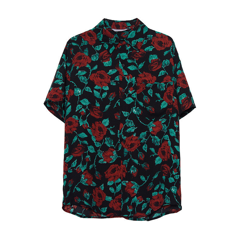 Chemise à manches courtes rétro, chemise ample décontractée à fleurs