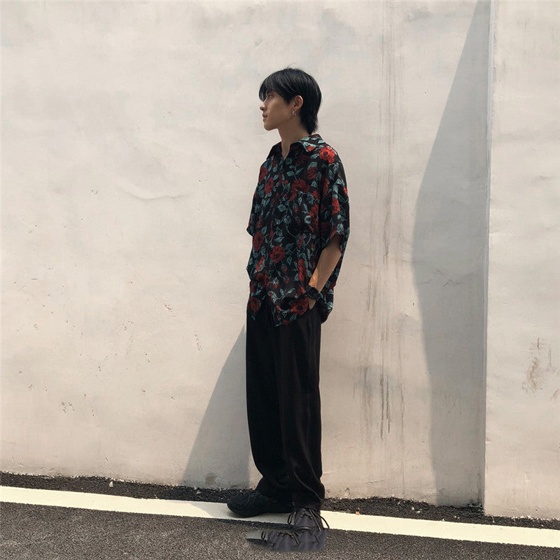 Chemise à manches courtes rétro, chemise ample décontractée à fleurs