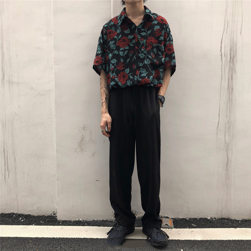 Chemise à manches courtes rétro, chemise ample décontractée à fleurs