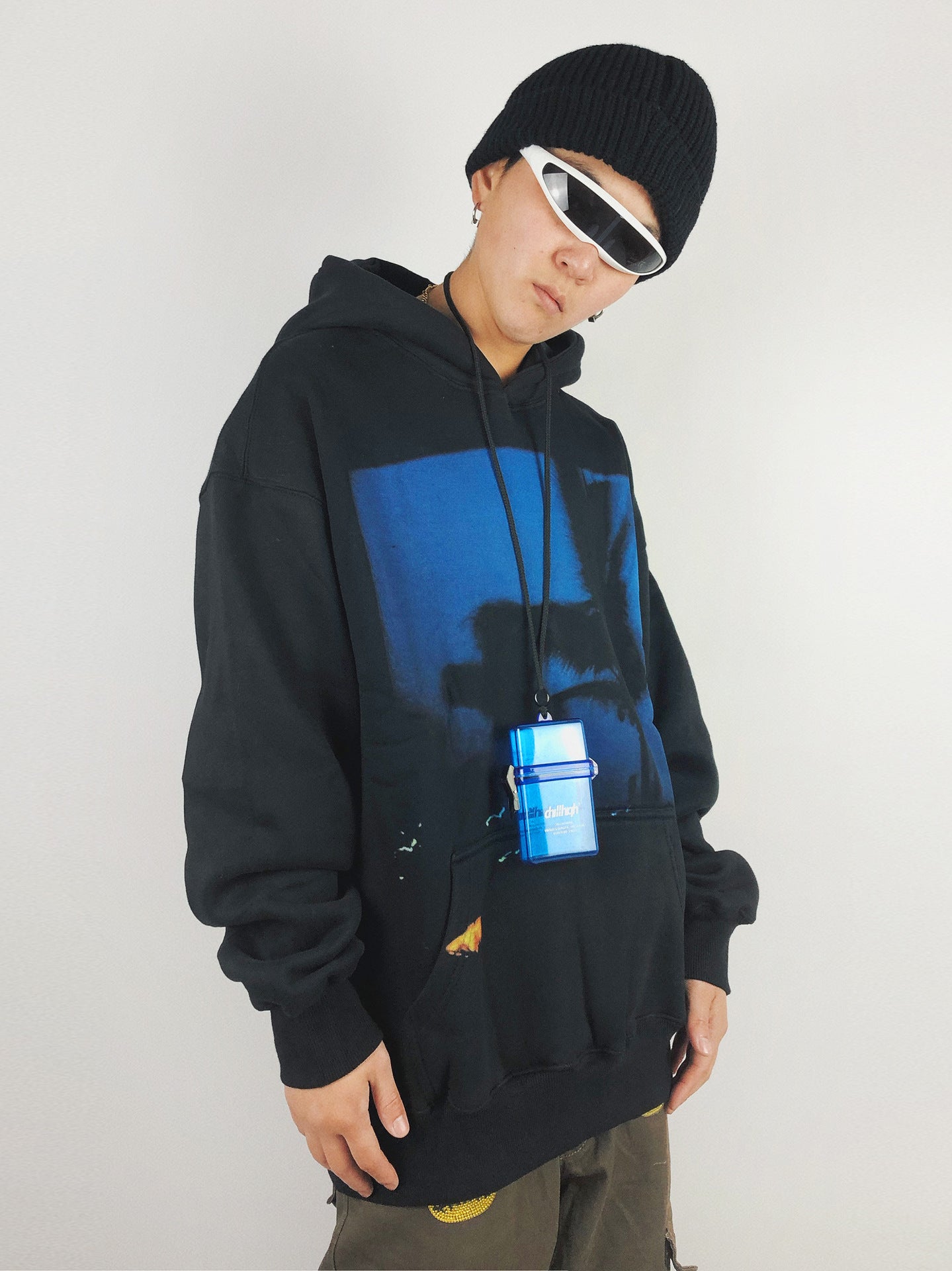 Autumn Winter Phantom Night View Print Plus Fleece Hooded Sweater Male Hip-Hop