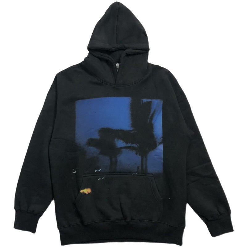 Autumn Winter Phantom Night View Print Plus Fleece Hooded Sweater Male Hip-Hop