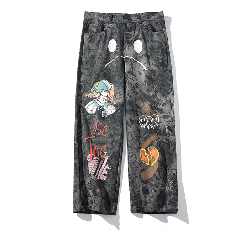 Streetwear Männer Lose Denim Hosen Graffiti Print Schwarz Vintage Denim Hosen